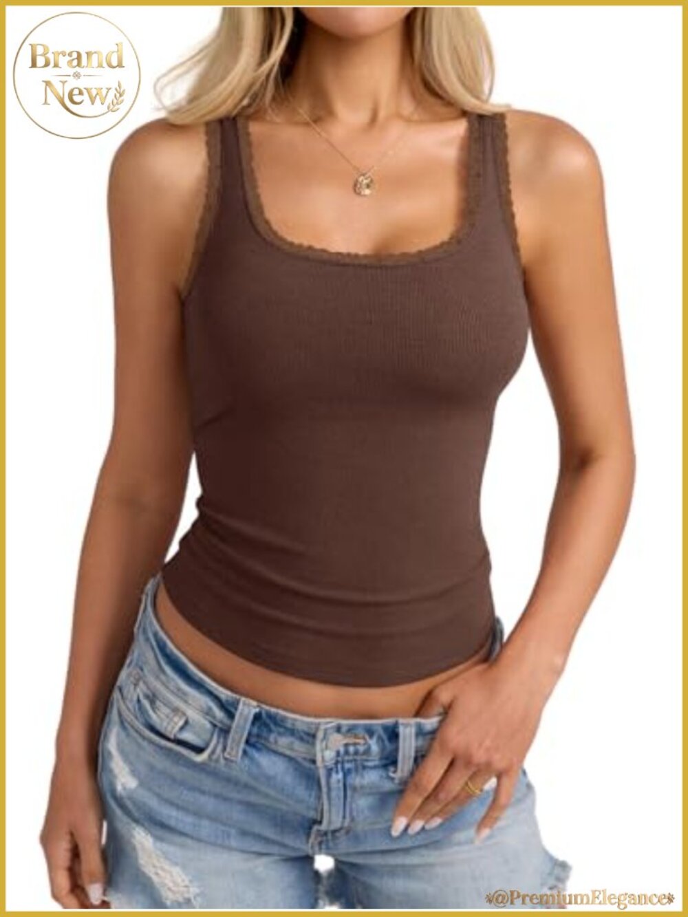 Lace Trim Cotton Ribbed Tank Top Women's Scoop Neck Camisole